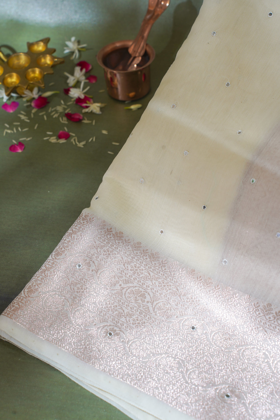 Ivory White Mukesh Work Linen Saree