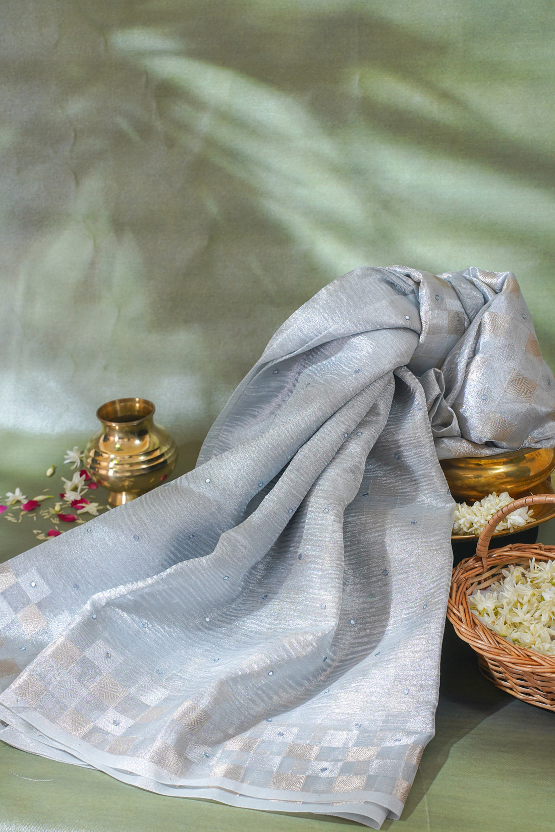 Silver Banarasi Tissue Crush Mukesh Work Saree
