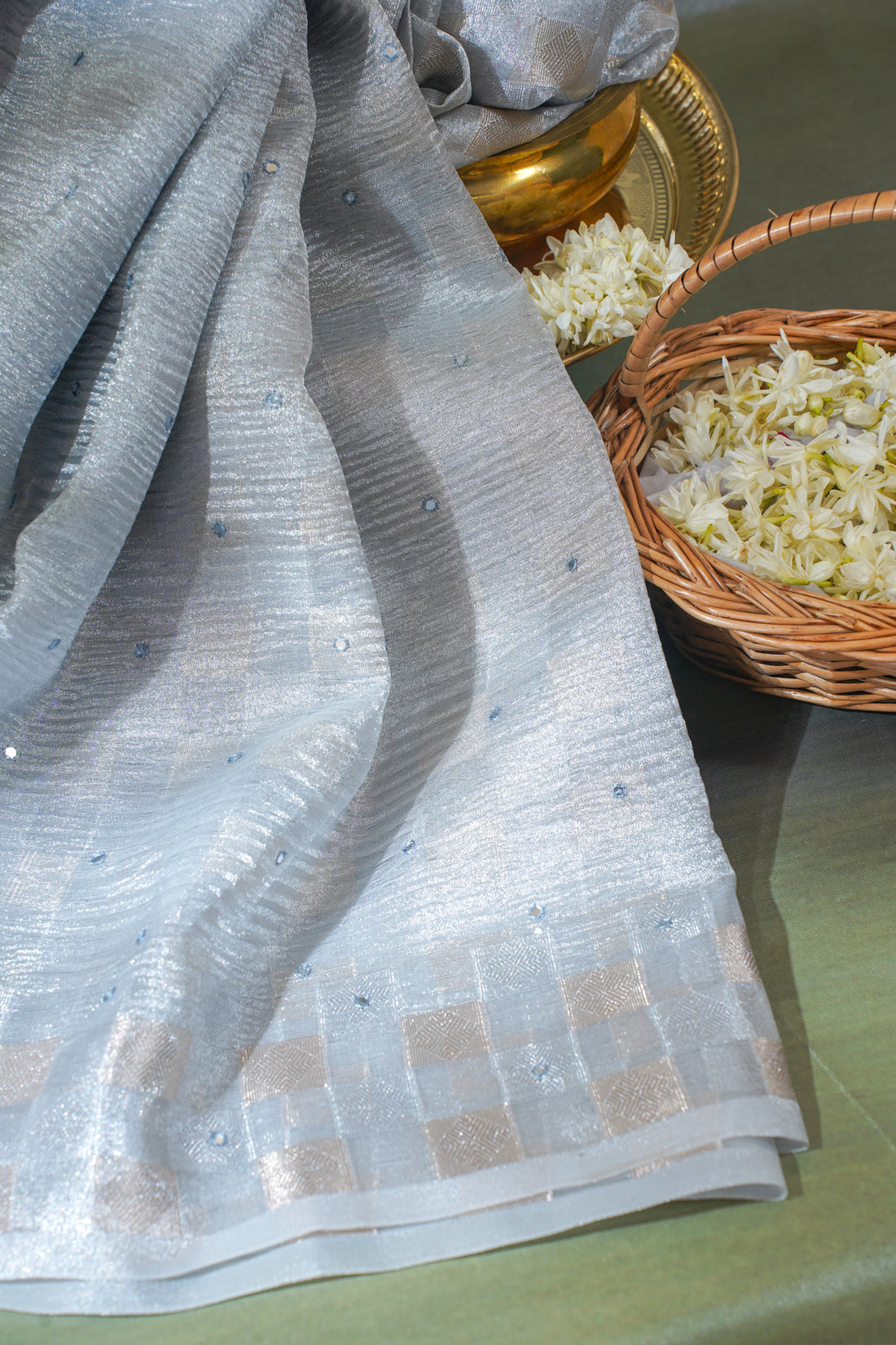 Silver Banarasi Tissue Crush Mukesh Work Saree