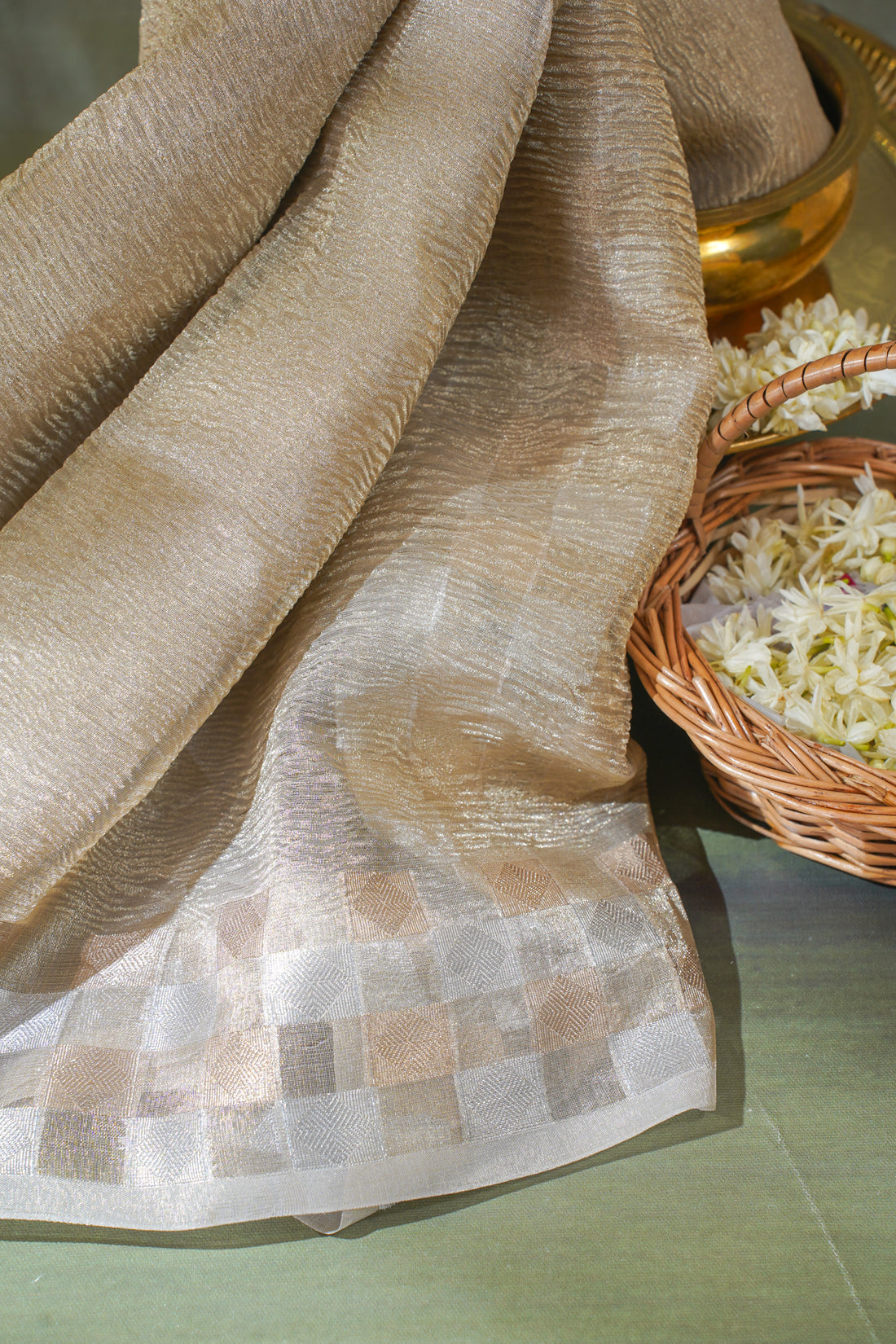 Golden Beige Banarasi Tissue Crush Saree