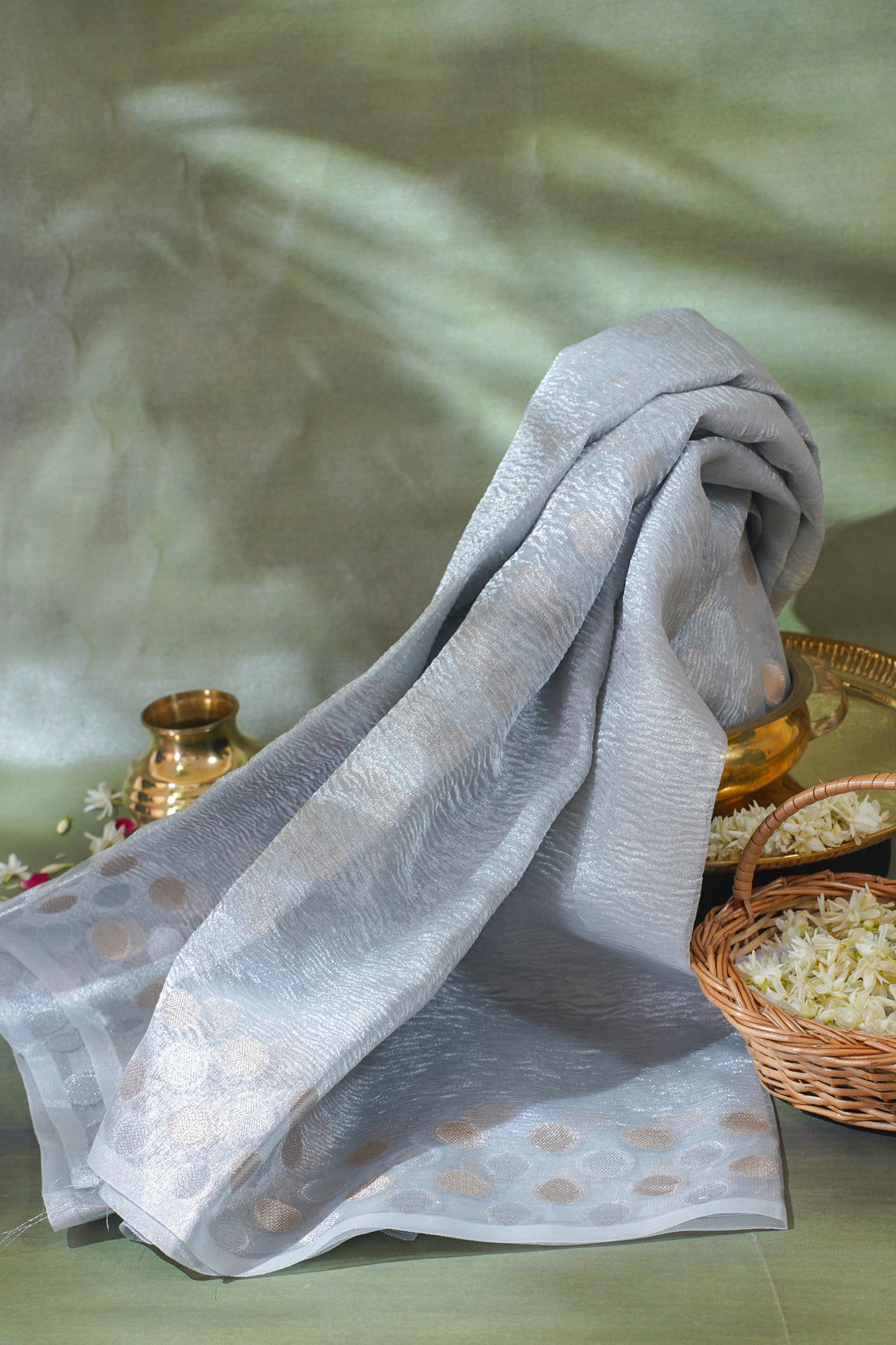 Silver Banarasi Tissue Crush Mukesh Work Saree