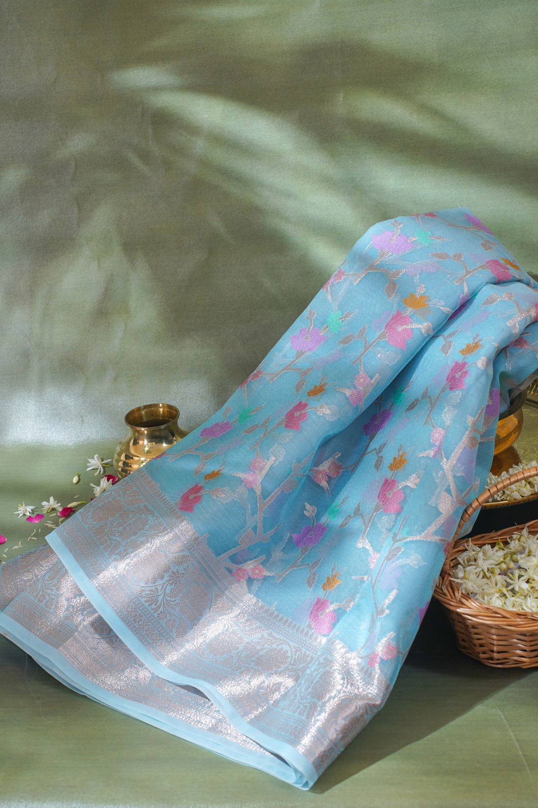 Sky Blue Organza Banarasi Tilfi Minakari Jaal Saree