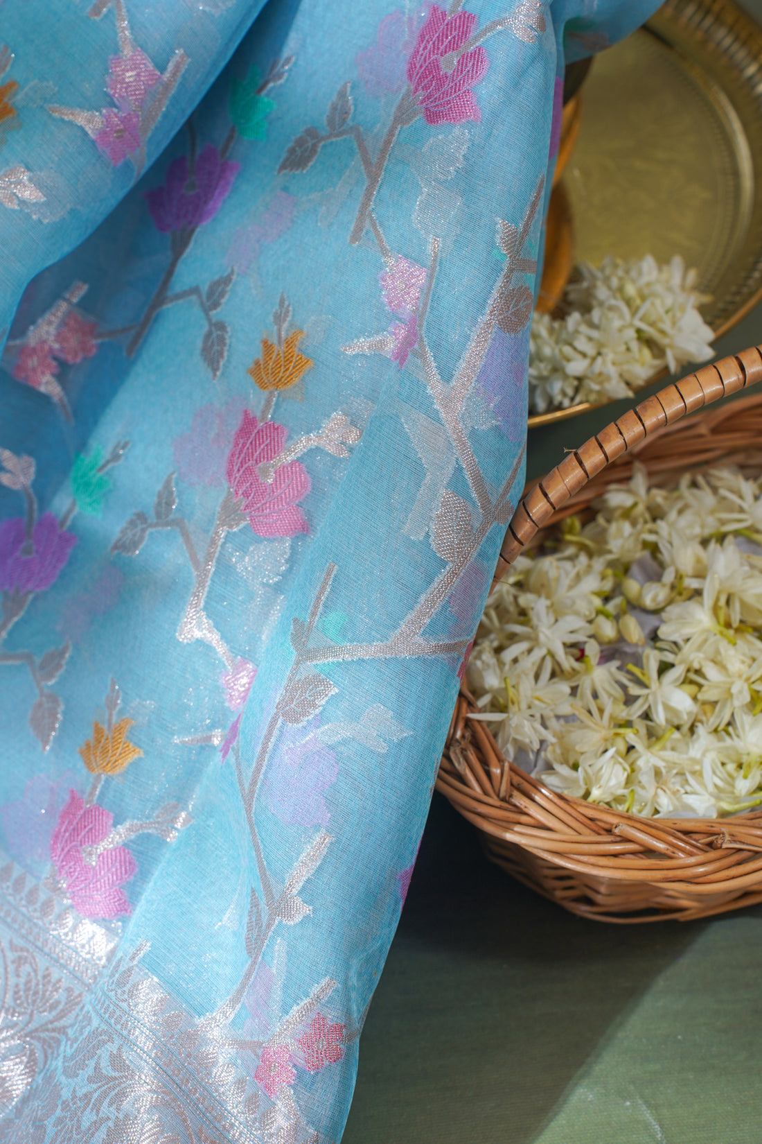 Sky Blue Organza Banarasi Tilfi Minakari Jaal Saree