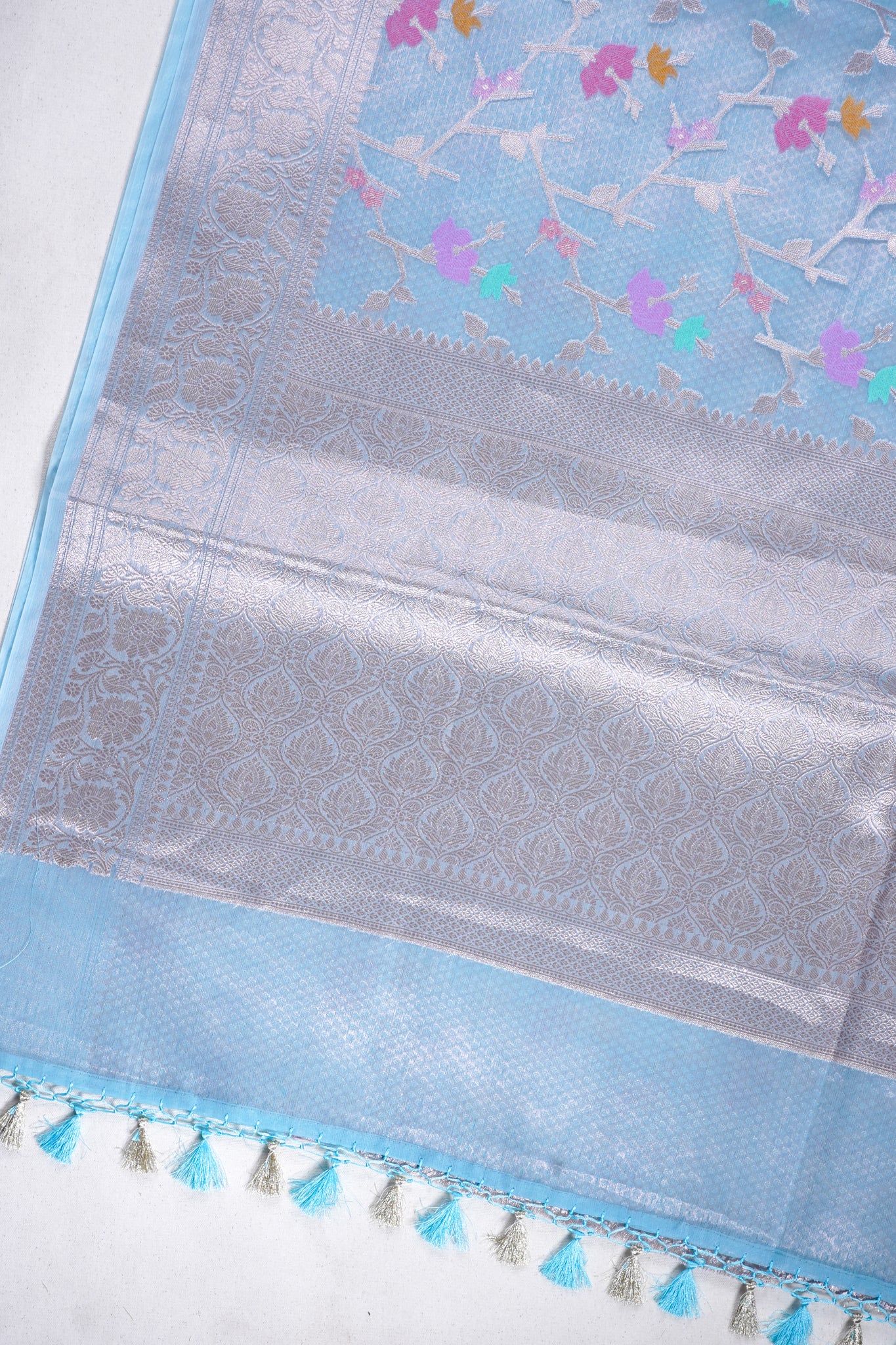 Sky Blue Organza Banarasi Tilfi Minakari Jaal Saree