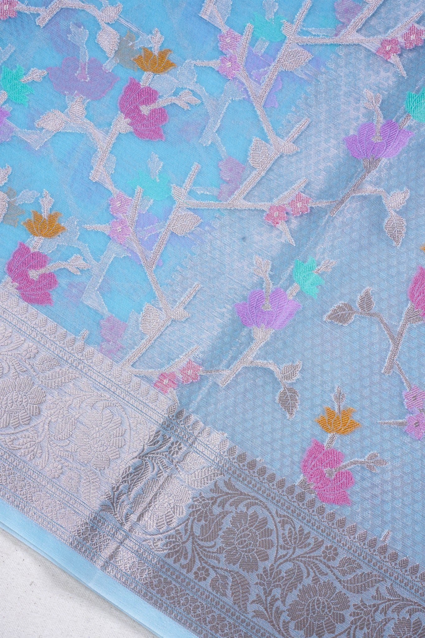 Sky Blue Organza Banarasi Tilfi Minakari Jaal Saree