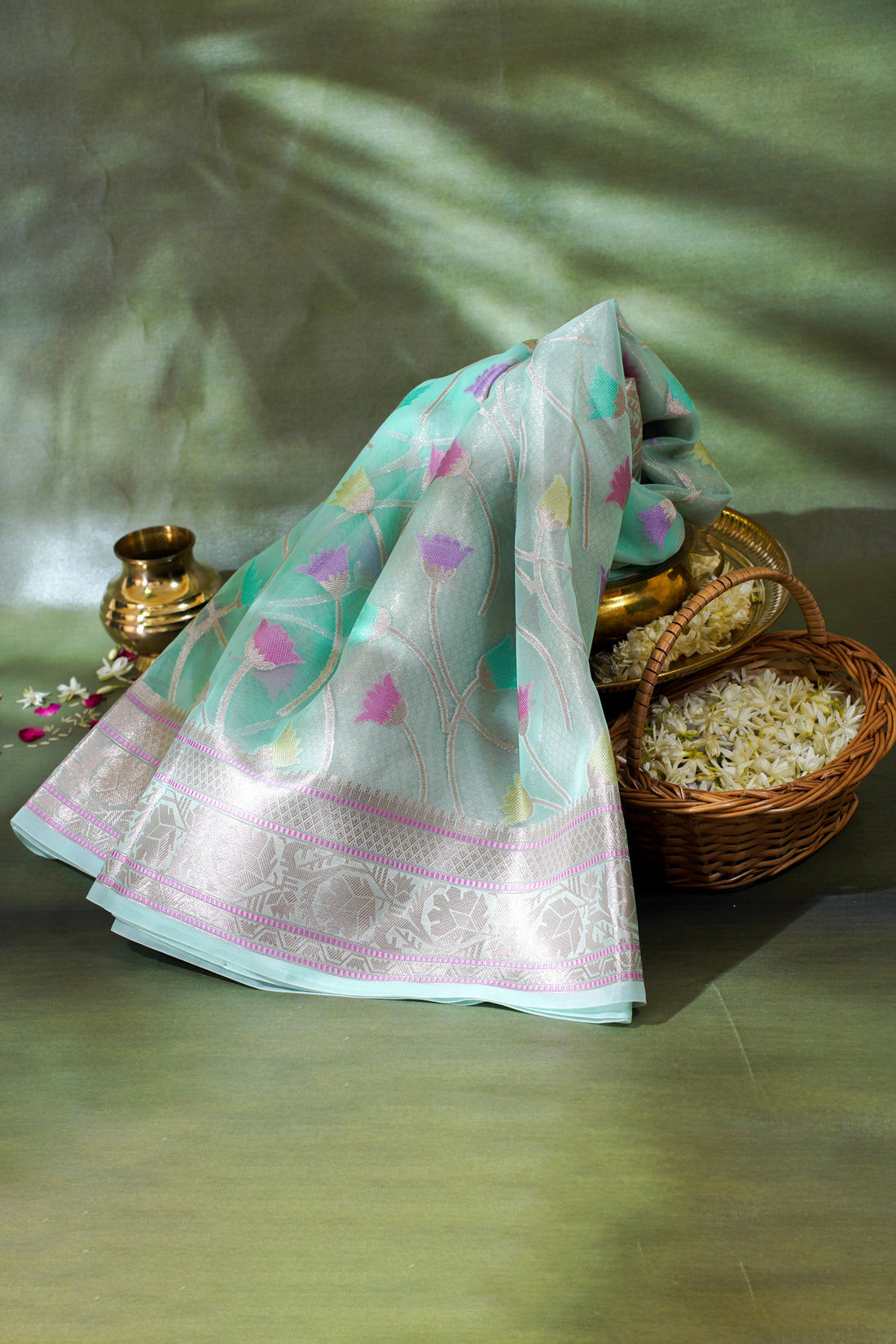 Aqua Green Organza Banarasi Tilfi Minakari Jaal Saree