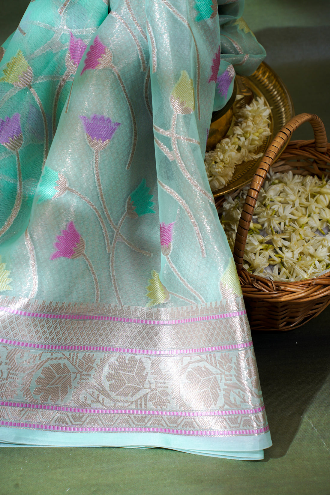 Aqua Green Organza Banarasi Tilfi Minakari Jaal Saree