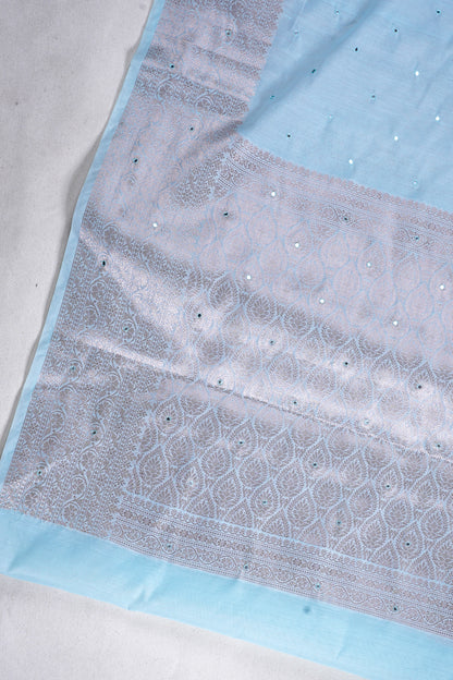 Aqua Blue Mukesh Work Linen Saree