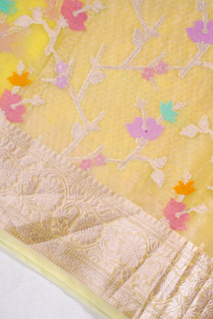 Yellow Organza Banarasi Tilfi Minakari Jaal Saree