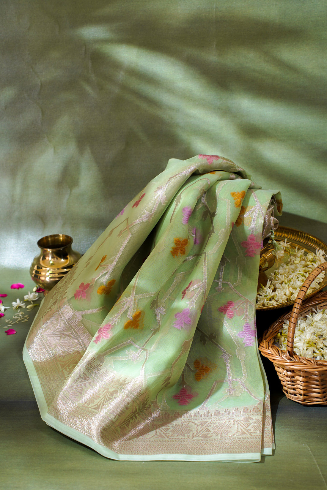 Light Green Organza Banarasi Tilfi Minakari Jaal Saree