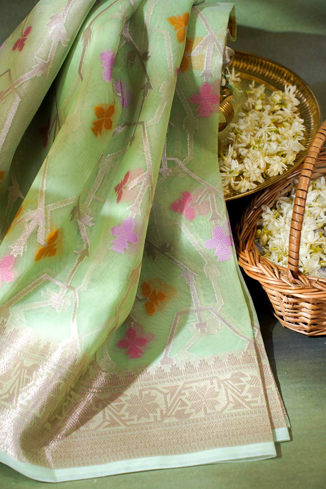 Light Green Organza Banarasi Tilfi Minakari Jaal Saree