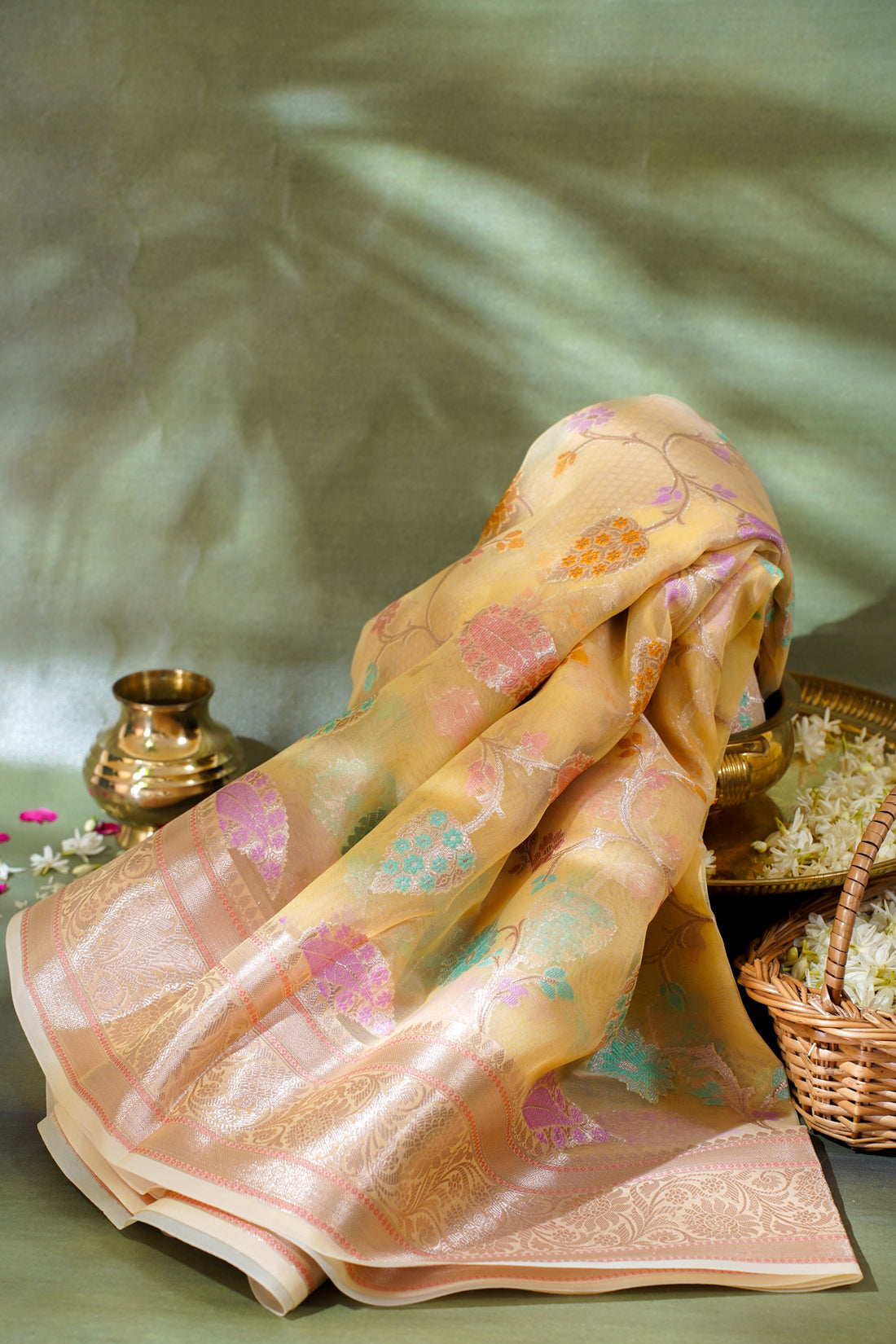 Pastel Yellow Organza Banarasi Tilfi Minakari Jaal Saree