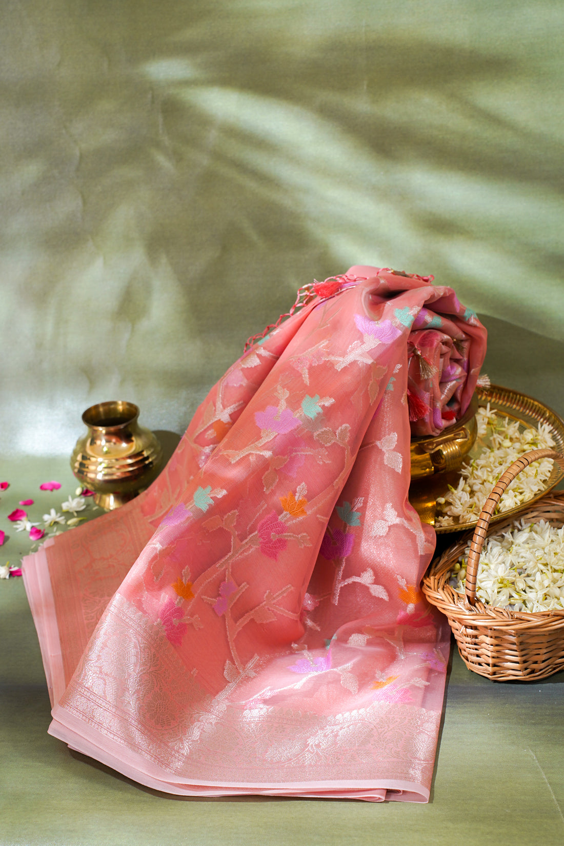 Peach Pink Organza Banarasi Tilfi Minakari Jaal Saree