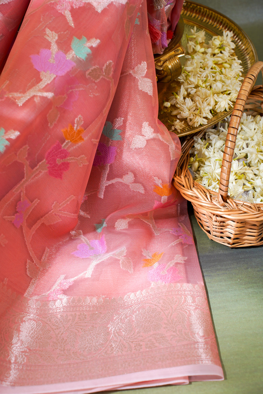 Peach Pink Organza Banarasi Tilfi Minakari Jaal Saree