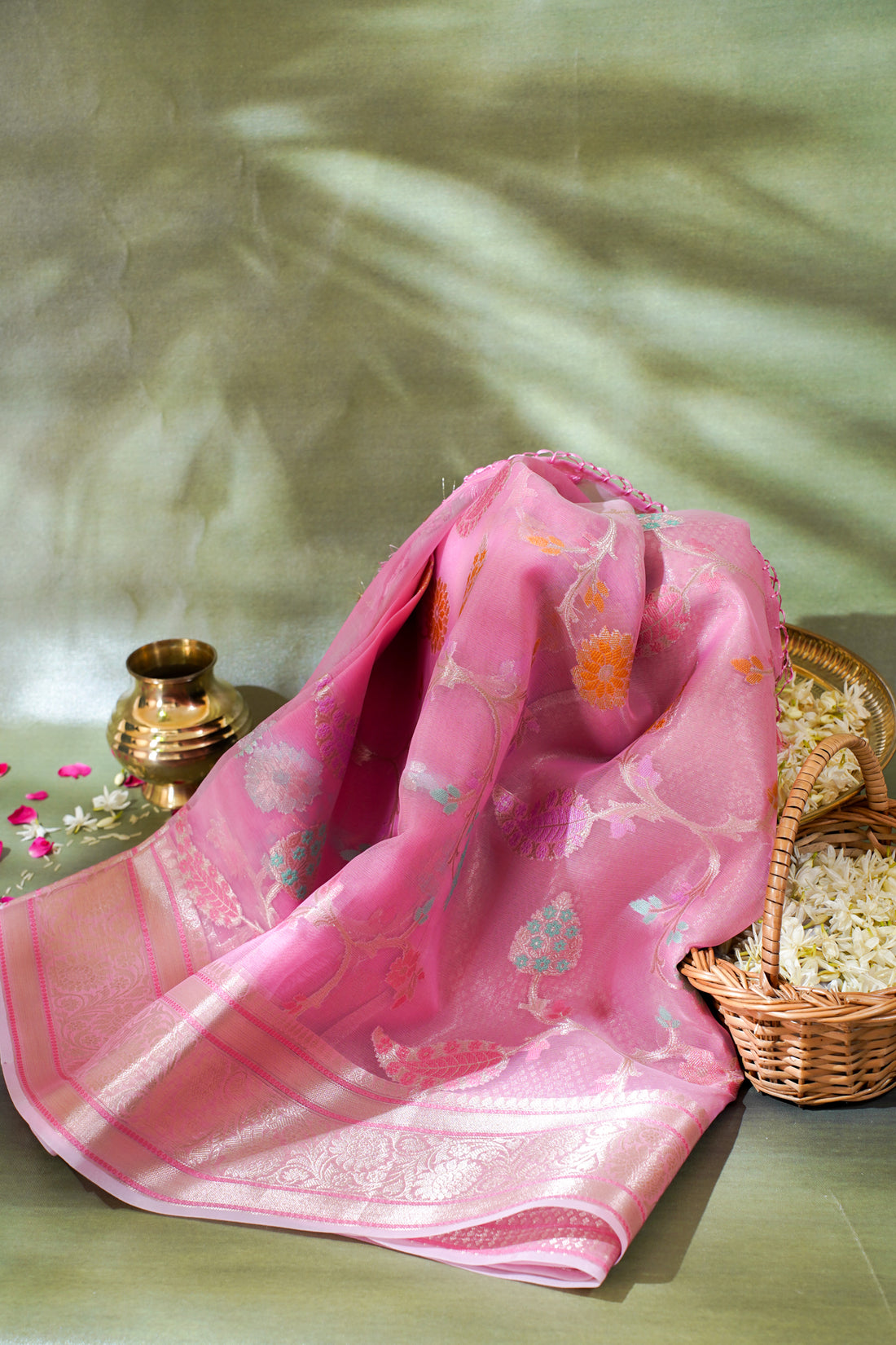Baby Pink Organza Banarasi Tilfi Minakari Jaal Saree