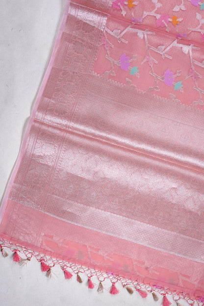 Peach Pink Organza Banarasi Tilfi Minakari Jaal Saree