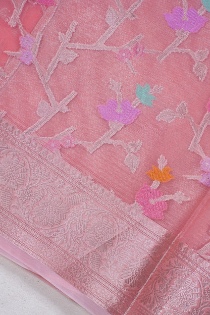 Peach Pink Organza Banarasi Tilfi Minakari Jaal Saree