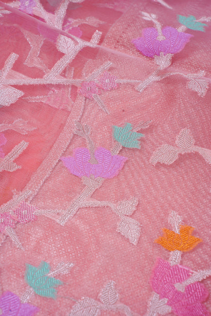 Peach Pink Organza Banarasi Tilfi Minakari Jaal Saree