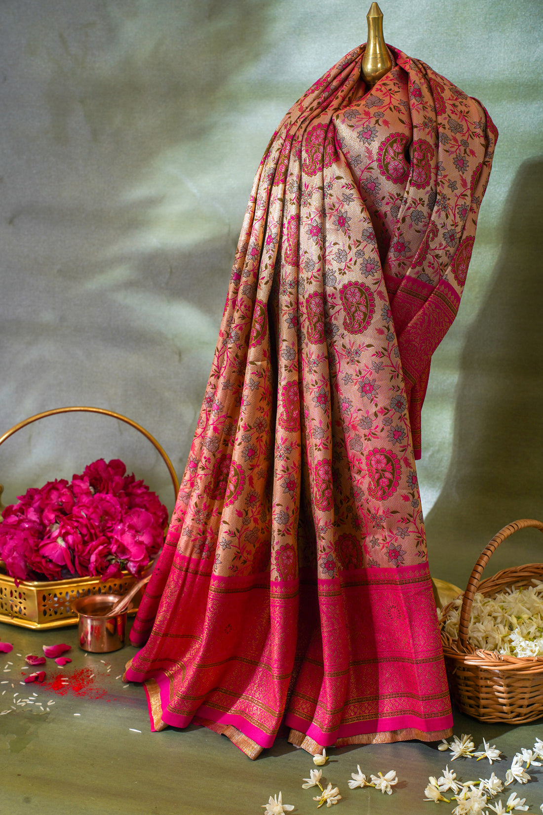 Golden Beige & Rani Pink Floral Brocade Banarasi Khimkhab Saree