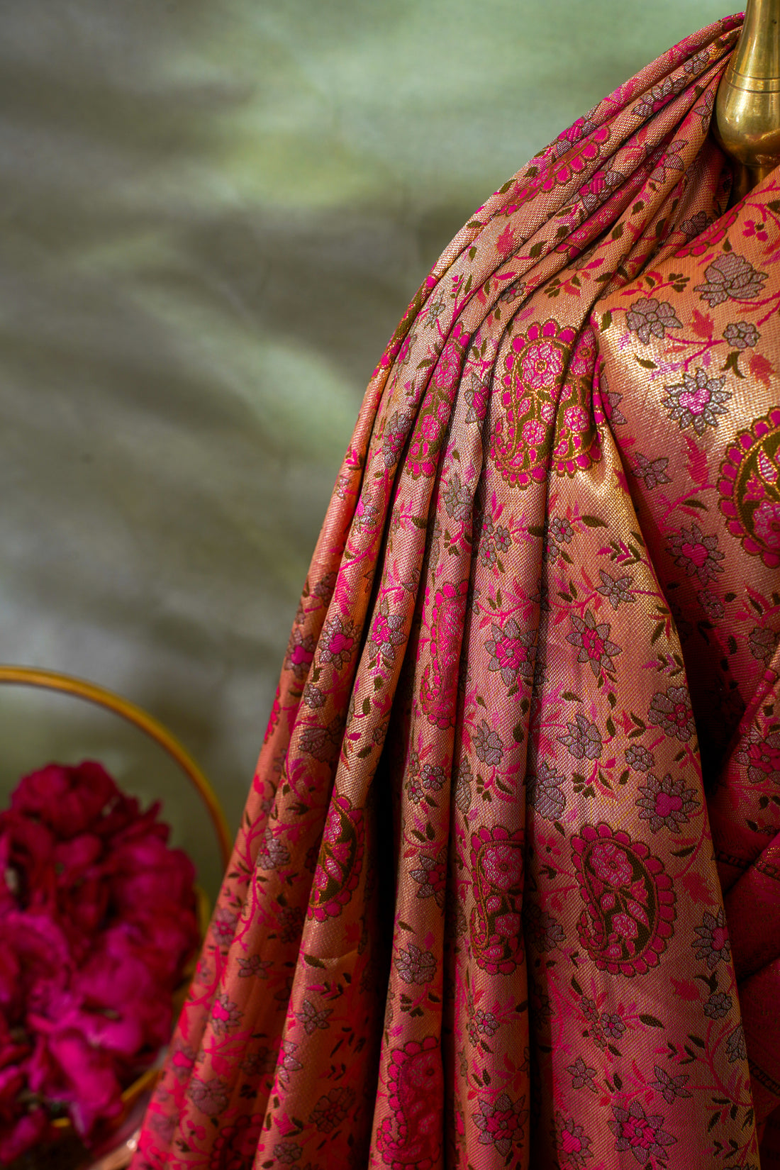 Golden Beige & Rani Pink Floral Brocade Banarasi Khimkhab Saree
