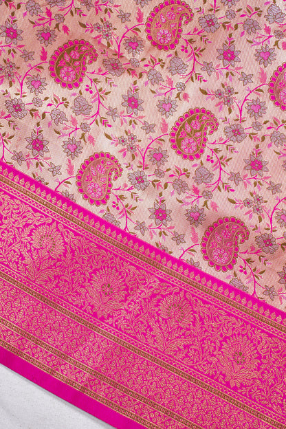 Golden Beige &amp; Rani Pink Floral Brocade Banarasi Khimkhab Saree