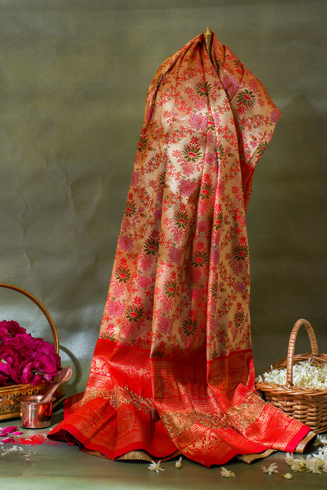 Golden Beige & Red Floral Brocade Banarasi Khimkhab Saree