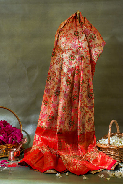 Golden Beige &amp; Red Floral Brocade Banarasi Khimkhab Saree