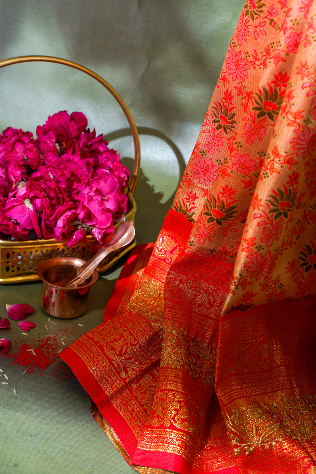 Golden Beige & Red Floral Brocade Banarasi Khimkhab Saree
