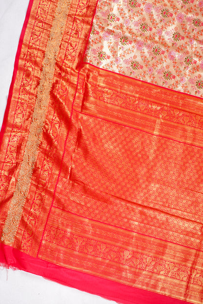 Golden Beige &amp; Red Floral Brocade Banarasi Khimkhab Saree