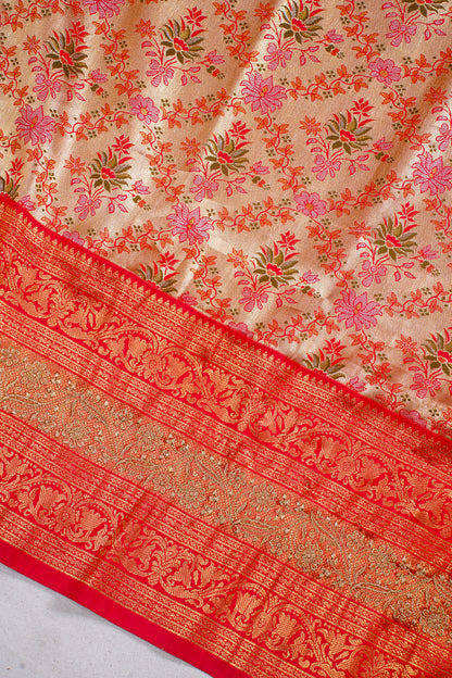 Golden Beige &amp; Red Floral Brocade Banarasi Khimkhab Saree